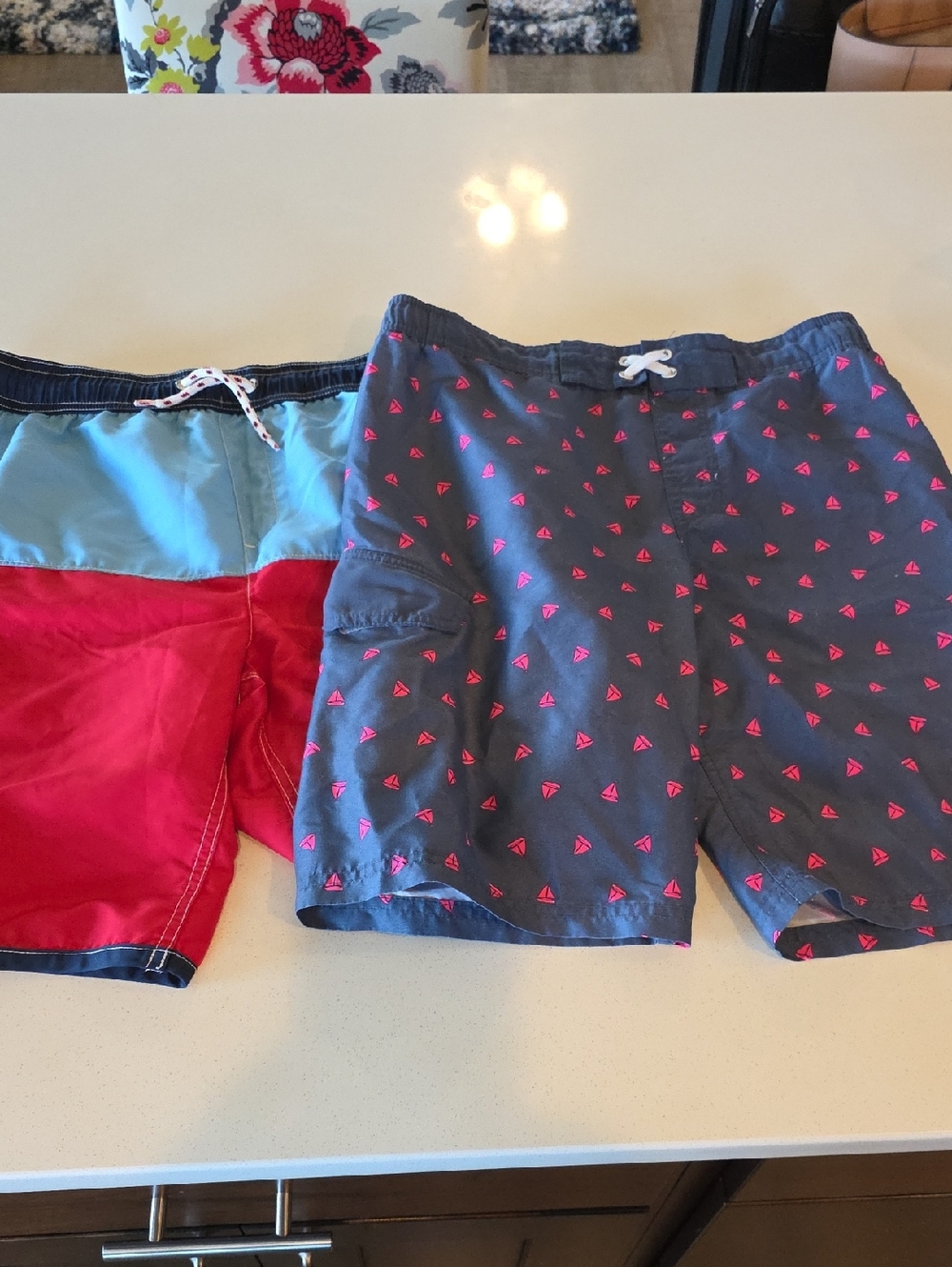 Kids Swim Shorts - Navy with Pink Pattern